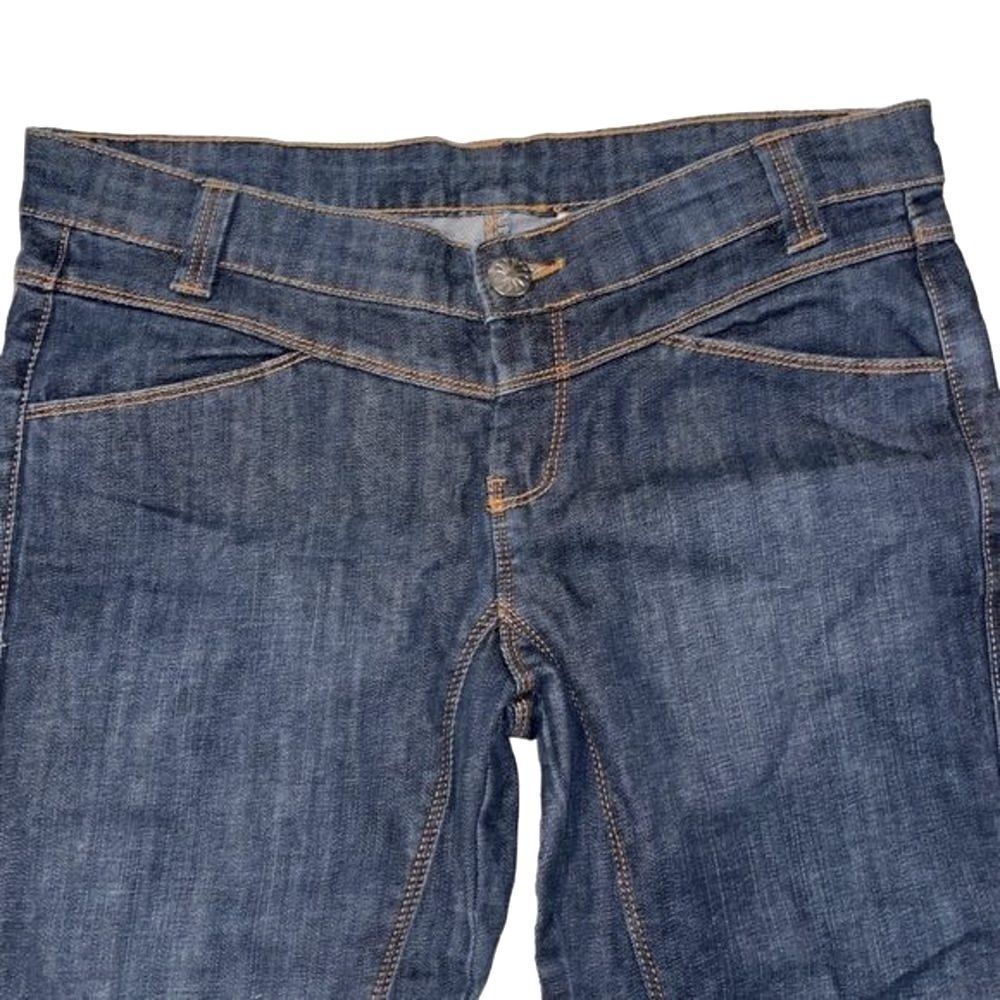 Y2K Very Low Rise Dark Wash‎ Contrast Gold Stitched Straight Denim Jeans SZ 8